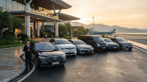 Hạm đội taxi và xe du lịch sang trọng Lữ Khách Hà Tĩnh xếp hàng trước sảnh đón khách VIP terminal sân bay